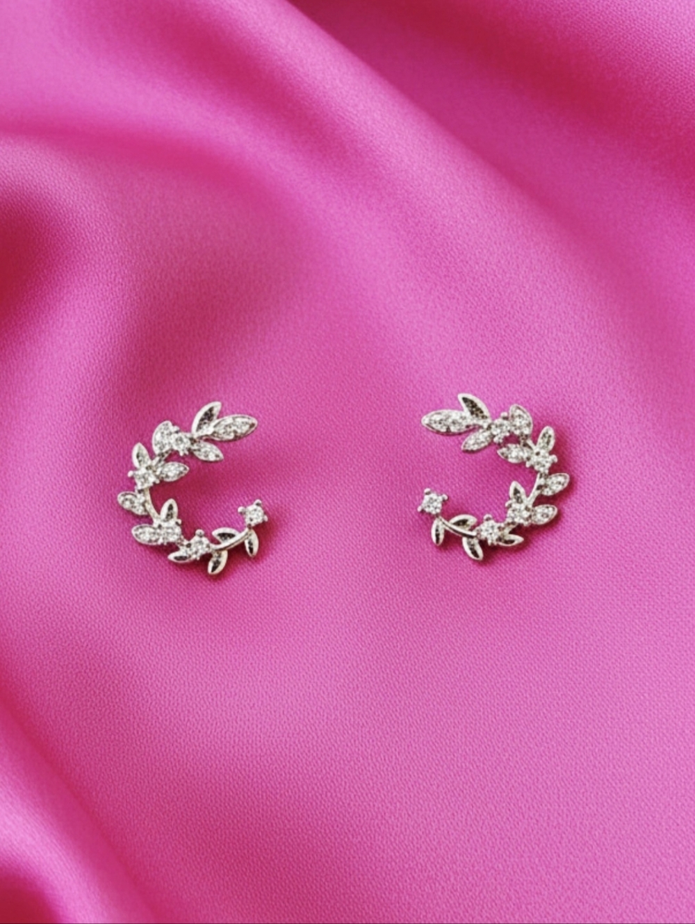 925 Silver Leaf Hoop Earrings - Dainty With Sparkling‎ Crystal Accent- NEW